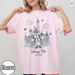 May include: Pink t-shirt featuring a graphic of Minnie Mouse in front of a castle with fireworks and the text "Disney Trip 2026". The shirt has short sleeves and a round neckline.