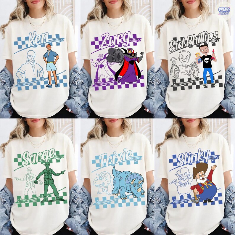 May include: A collection of six off-white t-shirts featuring Toy Story characters. Each shirt displays a character name, a checkered border, and a graphic illustration of Ken, Zurg, Sid Phillips, Sarge, Trixie, or Stinky Pete in color and line art.