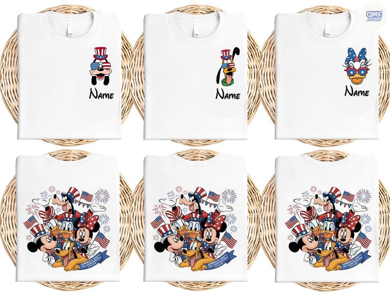 May include: White t-shirts featuring patriotic Disney characters. Designs include Goofy, Donald Duck, Mickey and Minnie Mouse, and Daisy Duck, all wearing patriotic attire. The word "Name" is printed below some characters.