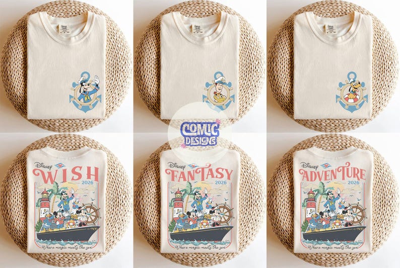 May include: Cream-colored t-shirts with Disney character designs. The top row features shirts with an anchor design and Mickey Mouse, Goofy, and Donald Duck. The bottom row displays shirts with a cruise ship graphic and the words "WISH", "FANTASY", and "ADVENTURE".