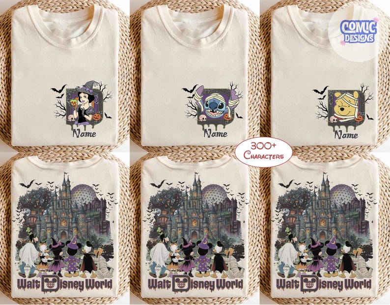 May include: A cream-colored t-shirt featuring a Halloween-themed graphic with Disney characters. The design includes a castle, bats, and the text Walt Disney World. Smaller prints show individual characters like Snow White, Stitch, or Winnie the Pooh.