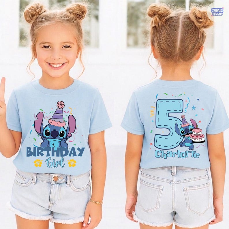 May include: Light blue t-shirt featuring a cartoon character with a party hat and the text "BIRTHDAY Girl". The back of the shirt displays a large number 5, the same character, a cake, and the name "Charlotte".