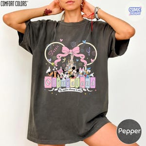 Op de afbeelding: Pepperkleurig T-shirt met een kleurrijke afbeelding met Disney-personages, een kasteel en de tekst "Olivialand". Het ontwerp bevat een roze strik, het woord "Sister" en het nummer "4". De zin "The happiest birthday on earth" is ook aanwezig.