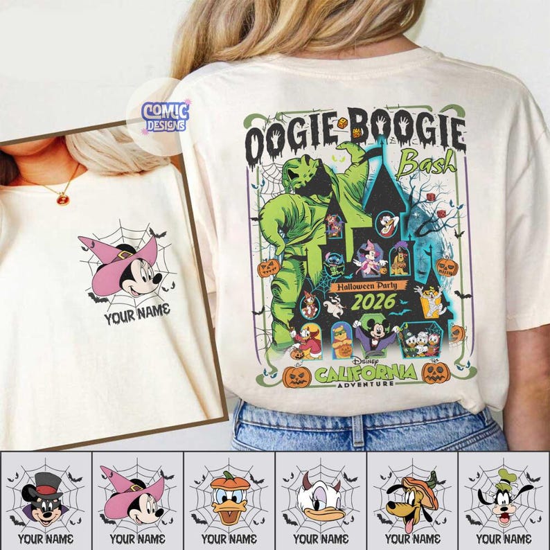 May include: Off-white t-shirt featuring a Halloween-themed graphic with the text "Oogie Boogie Bash 2026" and Disney characters. The front of the shirt has a Minnie Mouse graphic with the text "YOUR NAME".