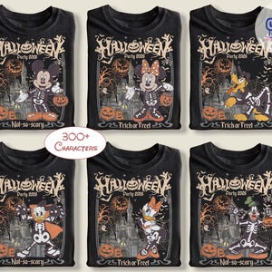 Puede incluir: Seis camisetas negras con gr&aacute;ficos de Halloween Party 2026. Cada camiseta muestra un personaje de dibujos animados diferente con disfraz de esqueleto, un castillo encantado, calabazas y telara&ntilde;as. El texto incluye Halloween Party 2026, Not-so-scary o Trick or Treat.