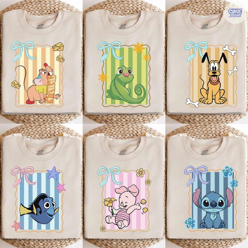 May include: Beige t-shirts featuring cartoon characters. Designs include a mouse with cheese, a green chameleon, Pluto the dog, Dory the fish, Piglet with a flower, and Stitch. Each design is framed with a ribbon and a striped background.