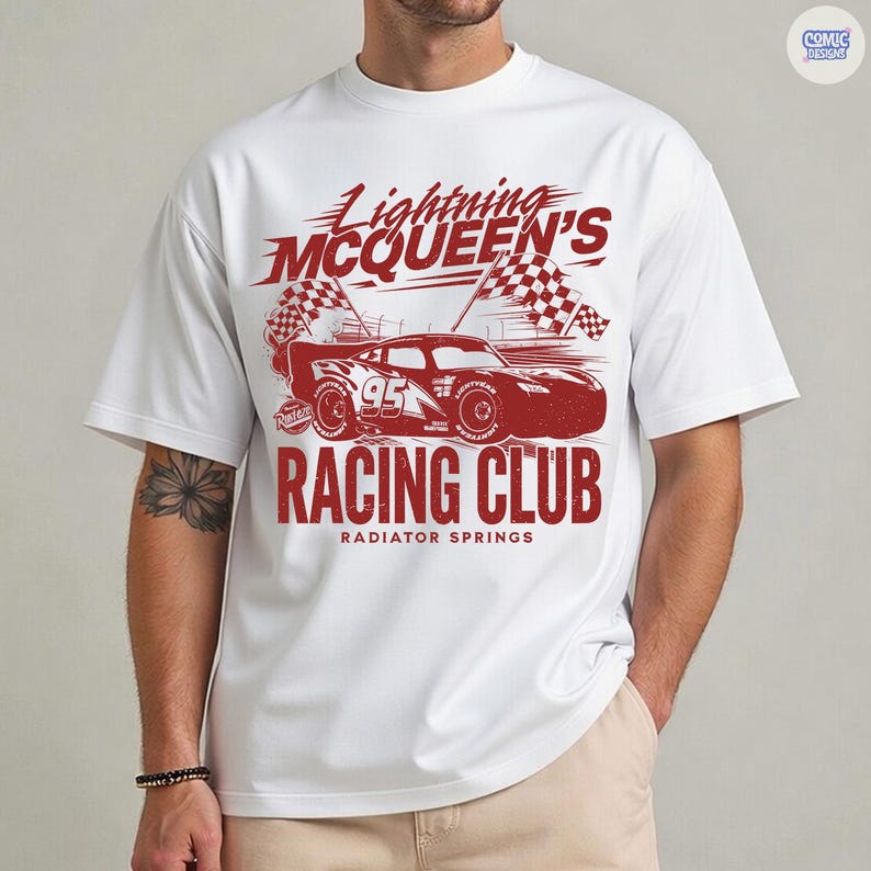 May include: White t-shirt featuring a red graphic of Lightning McQueen's Racing Club. The design includes a race car, checkered flags, and the text "Lightning McQueen's Racing Club, Radiator Springs".