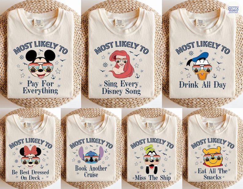May include: Cream-colored t-shirts with various Disney character graphics and text. Each shirt features a different character wearing sunglasses, with phrases like "Pay For Everything" and "Drink All Day". The shirts are folded on a woven surface.