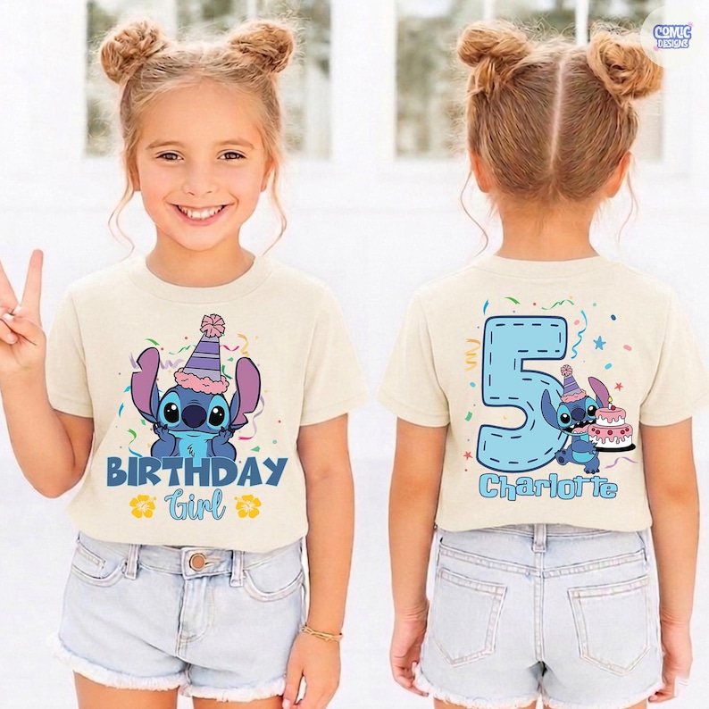 May include: A cream-colored t-shirt featuring a cartoon character with the text "BIRTHDAY Girl" and a matching design on the back with the number "5" and the name "Charlotte". The shirt is worn by a young person.