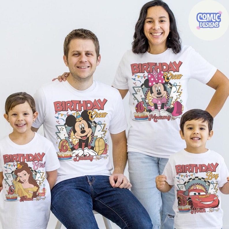 May include: White t-shirts with colorful cartoon character designs. The shirts feature Mickey Mouse, Minnie Mouse, Belle, and Lightning McQueen, with the words "Birthday Crew" and "Birthday Boy/Girl". The shirts are for a family, celebrating a birthday.