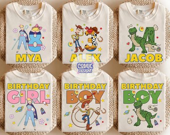 Personalized Toy Story Birthday Shirt, Disney Woody Buzz Lightyear Jessie Bo Peep Rex Tee, Pixar Birthday Boy Girl, Toddler Kids Gift Outfit