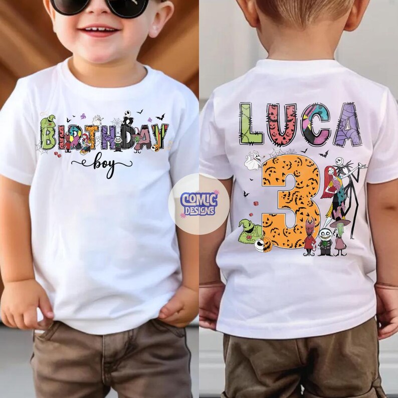 May include: A white t-shirt featuring a graphic print of characters from The Nightmare Before Christmas. The front displays the text "BIRTHDAY boy" with character-themed letters. The back shows the name "LUCA" and the number "3" with characters.