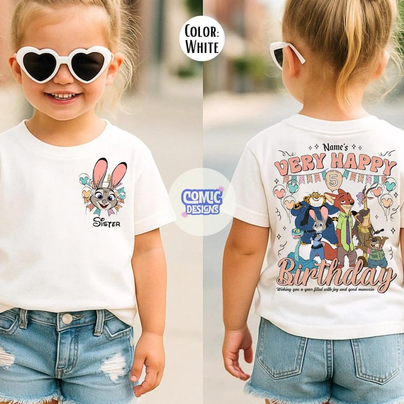 Camiseta de cumpleaños personalizada con nombre y edad de Zootopia 2, ¡Muy feliz cumpleaños! Regalo de Disney para Judy Hopps, Nick Wilde y Gary De'Snake, Camiseta familiar de Disney imagen 3