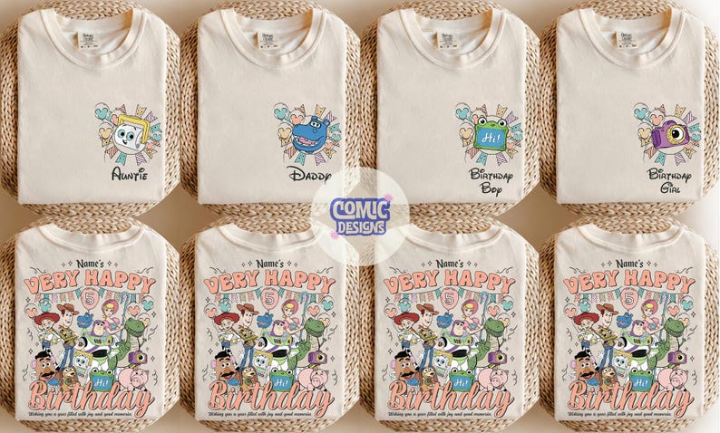 May include: Off-white t-shirts with colorful cartoon character designs. Some shirts have text like "Auntie", "Daddy", "Birthday Boy", and "Birthday Girl". Other shirts feature a graphic with the text "Very Happy Birthday".