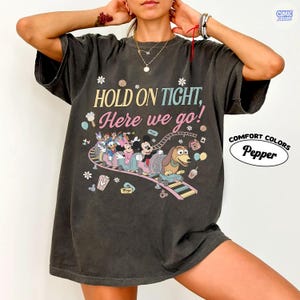 May include: Dark gray Comfort Colors t-shirt with a colorful graphic of Disney characters on a roller coaster. The text "HOLD ON TIGHT, Here we go!" is above the roller coaster. The shirt has a vintage, worn look.