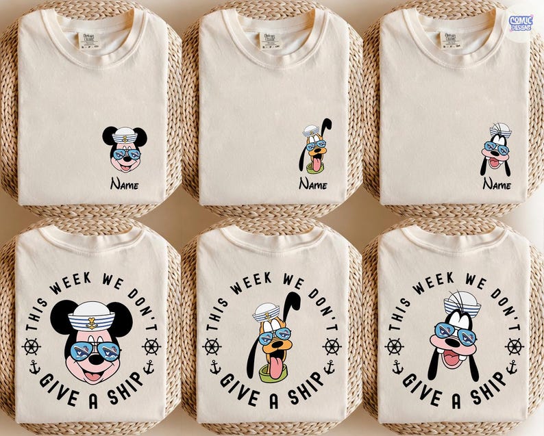 May include: Six cream-colored t-shirts with cartoon character designs. Three shirts feature a character with the name "Name" below. The other three shirts have the text "THIS WEEK WE DON'T GIVE A SHIP" around a character.