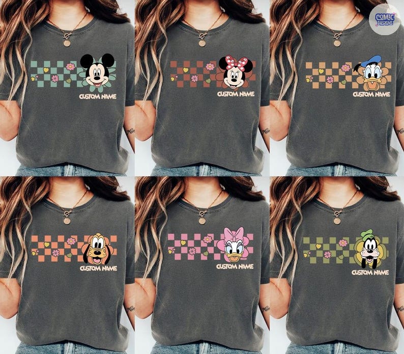 May include: Dark gray t-shirts featuring various Disney characters like Mickey Mouse, Minnie Mouse, Donald Duck, Pluto, Daisy Duck, and Goofy. Each shirt has a checkered pattern with flowers and the text "CUSTOM NAME".