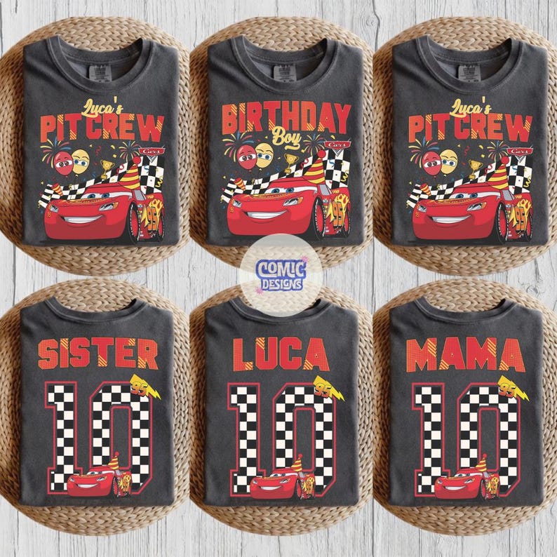 May include: Six dark gray t-shirts with colorful graphics. Designs include the text "Lyca's PIT CREW", "BIRTHDAY Boy", "SISTER 10", "LUCA 10", and "MAMA 10". Each shirt features a red race car and checkered flag elements.