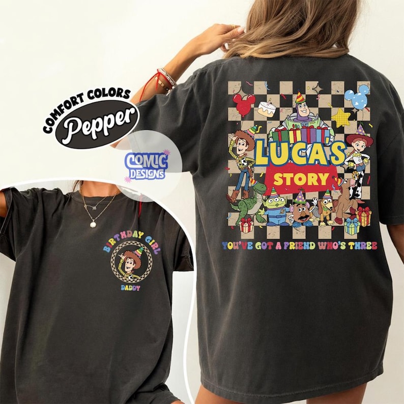 Personalized Toy Story Birthday Shirt, Disney Woody Buzz Jessie Rex Tee, Pixar Birthday Boy Girl, Disney Family Birthday Gift Outfit image 1