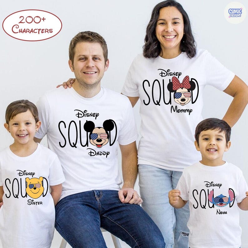 May include: A family of five wearing matching white t-shirts with Disney-themed designs. The shirts feature the word "Squad" and character graphics, including Mickey Mouse, Minnie Mouse, Winnie the Pooh, and Stitch, with the names "Daddy," "Mommy," "Sister," and "Noah."