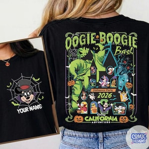 May include: Black t-shirt featuring a Halloween design with the text "Oogie Boogie Bash" and "California Adventure". The design includes cartoon characters, a haunted house, and the year 2026. A second shirt shows Mickey Mouse in a spider web.