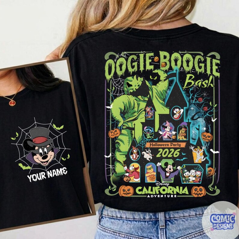 May include: Black t-shirt featuring a Halloween design with the text "Oogie Boogie Bash" and "California Adventure". The design includes cartoon characters, a haunted house, and the year 2026. A second shirt shows Mickey Mouse in a spider web.