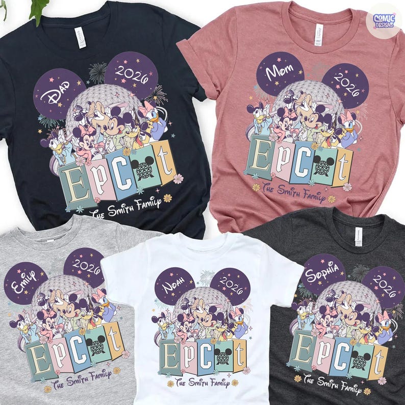May include: A collection of family t-shirts featuring a colorful graphic design with Disney characters. Each shirt has a different name and the year 2026 printed on it. The word "EPCOT" is also printed on the shirts.