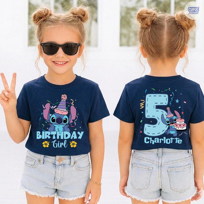May include: Navy blue t-shirt with a Stitch graphic wearing a party hat and the text "BIRTHDAY Girl". The back of the shirt features a large number 5, Stitch, and the name "Charlotte".