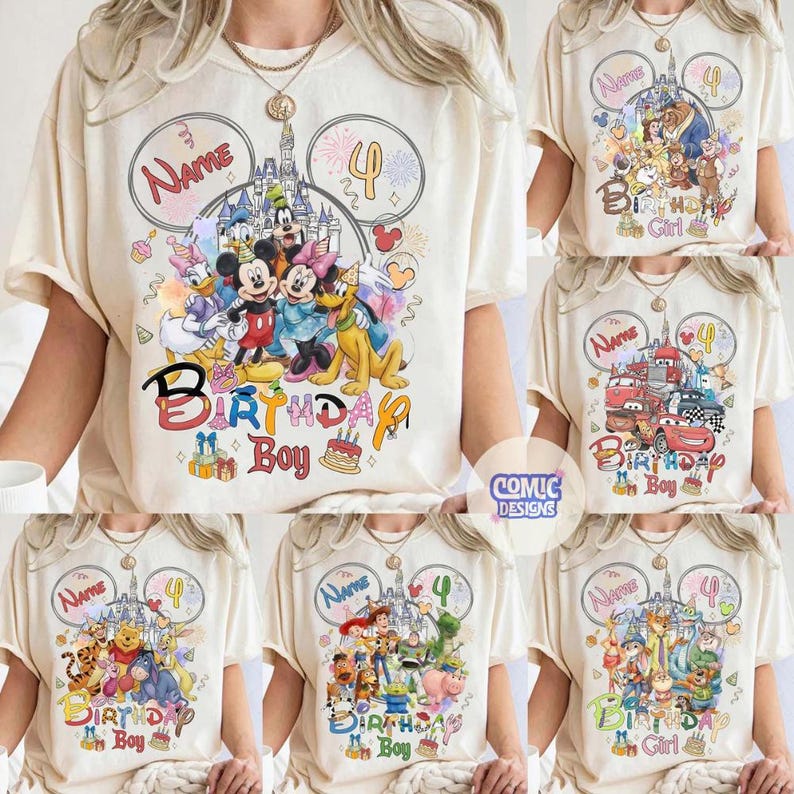 以下が含まれることがあります： クリーム色のTシャツ。カラフルなディズニーキャラクターのデザインが施されています。各シャツは、ミッキーマウス、美女と野獣、カーズ、くまのプーさん、トイストーリーなど、さまざまなテーマが特徴です。シャツには「Birthday Boy」または「Birthday Girl」の文字と数字の「4」が書かれています。