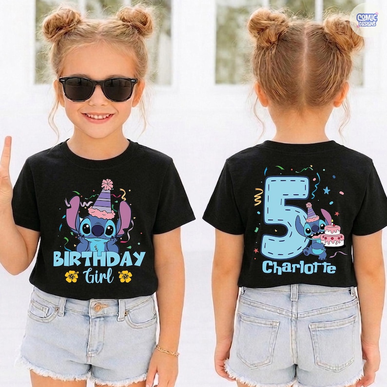 May include: Black t-shirt with a Stitch graphic, a birthday hat, and the text "BIRTHDAY GIRL". The back of the shirt features a large blue number 5, Stitch, a cake, and the name "Charlotte".
