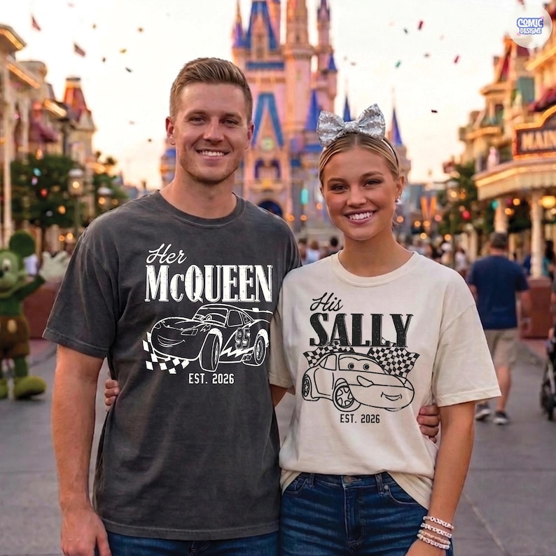 May include: Two people wearing matching t-shirts with Cars movie graphics. One shirt says "Her McQueen" with a race car design, the other says "His Sally" with a similar car graphic. Both shirts have "EST. 2026" below the design.