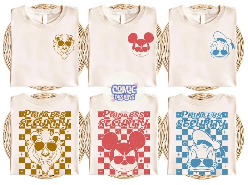 May include: Six cream-colored t-shirts with cartoon character designs. The designs include a bear, Mickey Mouse, and Donald Duck, each wearing sunglasses. The bottom row of shirts features the text "PRINCESS SECURITY".