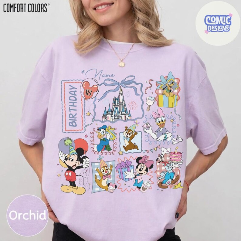 May include: Orchid-colored t-shirt with a colorful Disney-themed birthday graphic. The design includes Mickey and Minnie Mouse, Donald Duck, Chip and Dale, and Daisy Duck, along with a castle, balloons, and the word "Birthday".
