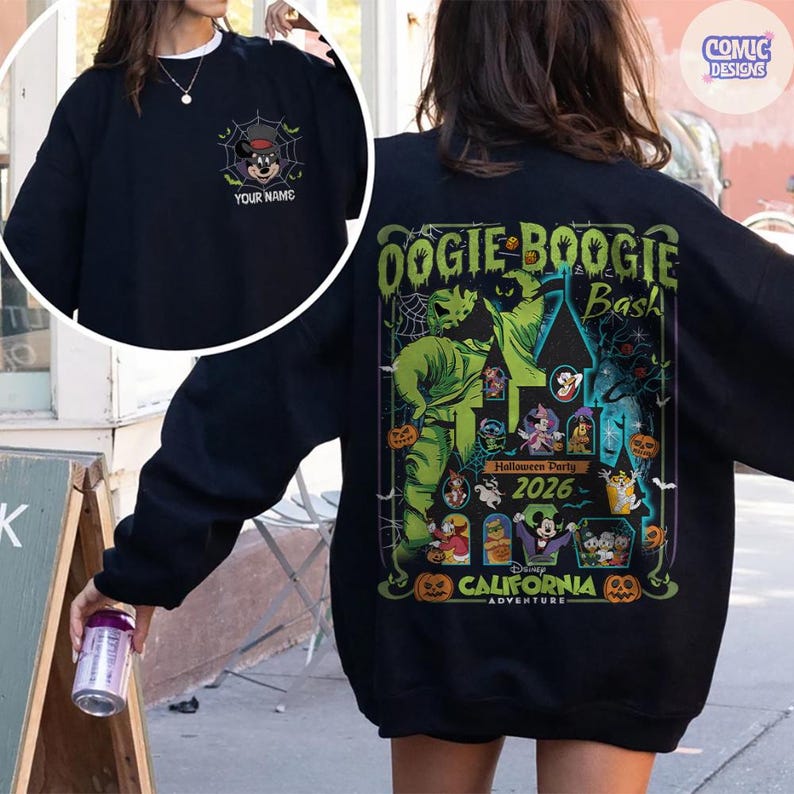 May include: Black sweatshirt with a Halloween-themed graphic. The front features a Mickey Mouse design with a spiderweb and the text "YOUR NAME". The back displays "Oogie Boogie Bash" with various Disney characters and the text "Halloween Party 2026".