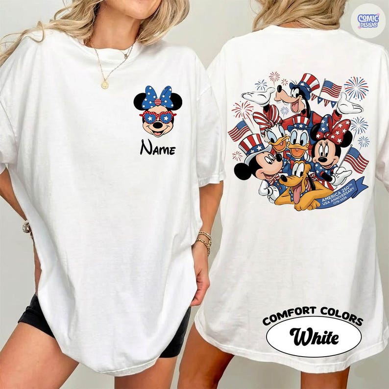 May include: White t-shirt featuring Minnie Mouse in patriotic sunglasses and bow, with the word "Name" below. The back of the shirt displays a group of Disney characters with American flags and fireworks. The text "America 250th USA Anniversary 1776-2026" is on a banner.
