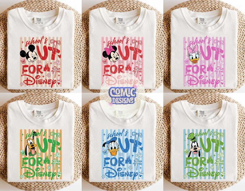 May include: Six white t-shirts with different Disney character graphics. Each shirt features a character like Mickey Mouse, Minnie Mouse, Daisy Duck, Pluto, Donald Duck, and Goofy, along with the text "School's Out For Disney".