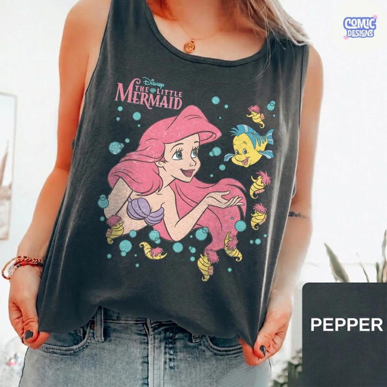 Comfort Color® Retro The Little Mermaid Ariel Princess & Flounder Bubble Poster Disney Tanktop, Gift For Her, WDW Disneyland Girl Trip image 6