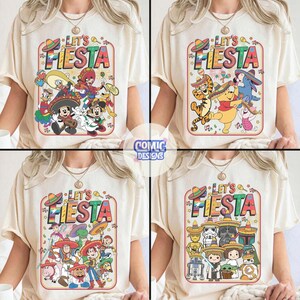 May include: Four cream-colored t-shirts with the text "Let's Fiesta" in a colorful design. Each shirt features a different cartoon character group, including Mickey Mouse, Winnie the Pooh, Toy Story characters, and Star Wars characters.