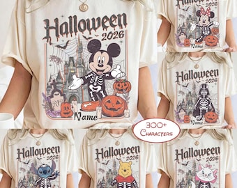 Camiseta Comfort Colors® personalizada con esqueletos de todos los personajes para Halloween, camiseta para el viaje de Halloween a Disneyland WDW, camiseta para la fiesta de Halloween de Mickey (no tan aterradora)