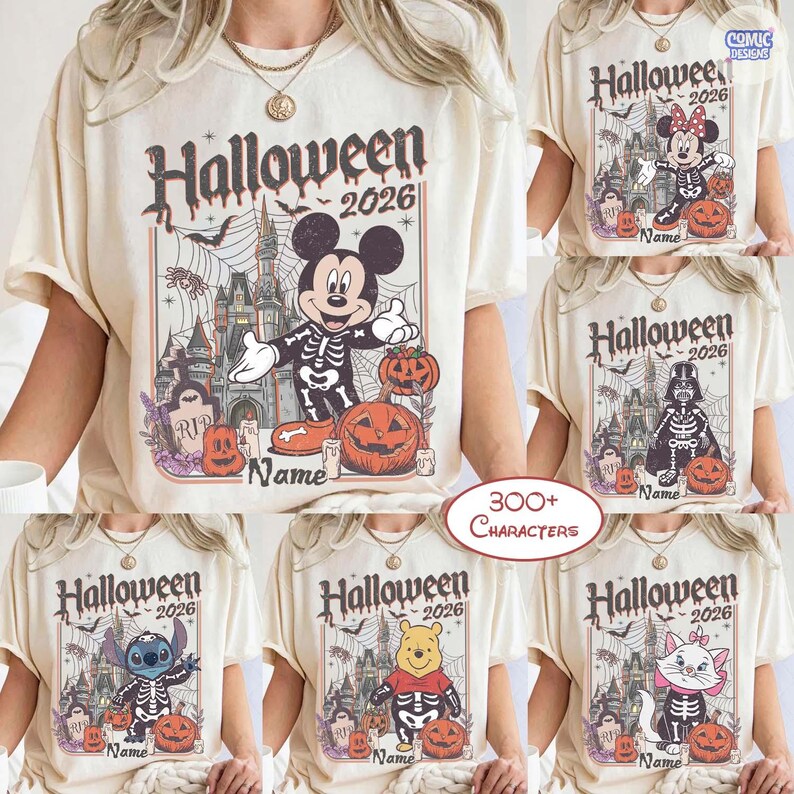 May include: Cream-coloured t-shirts with Halloween designs. Each shirt displays "Halloween 2026" and a character in a skeleton costume, including Mickey Mouse, Minnie Mouse, Darth Vader, Stitch, Winnie the Pooh, and Marie.