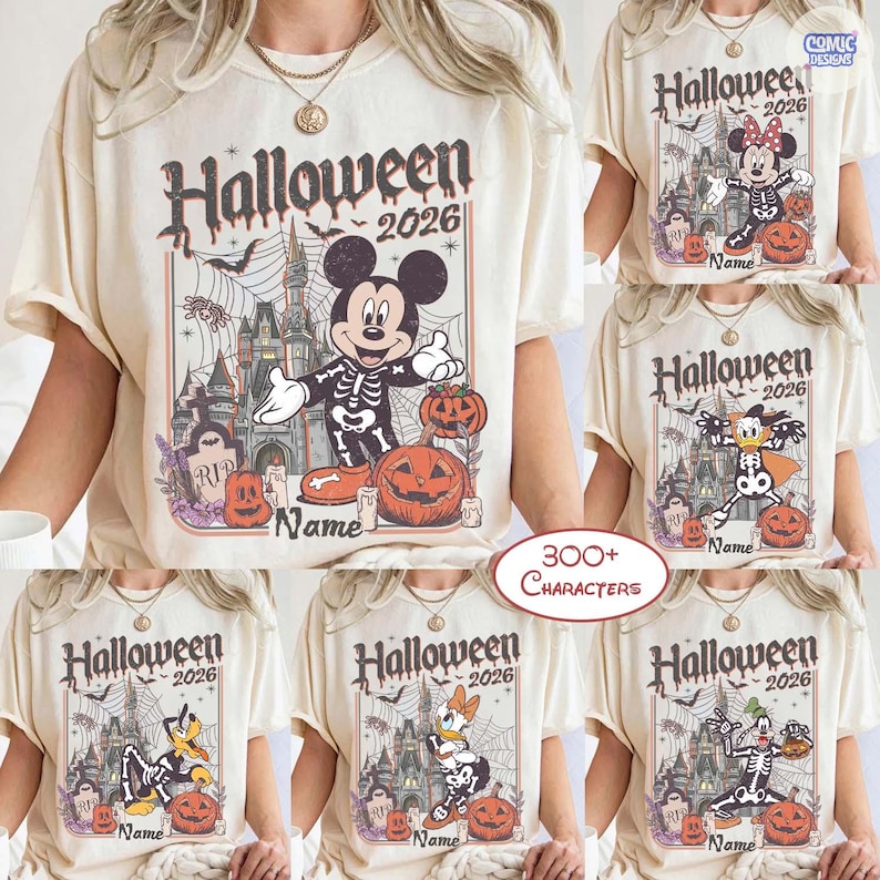 May include: Cream-coloured t-shirts with Halloween designs. Each shirt features a different Disney character in a skeleton costume, with the text "Halloween 2026" and a space for a name. The designs include Mickey Mouse, Minnie Mouse, Donald Duck, Daisy Duck, and Goofy.