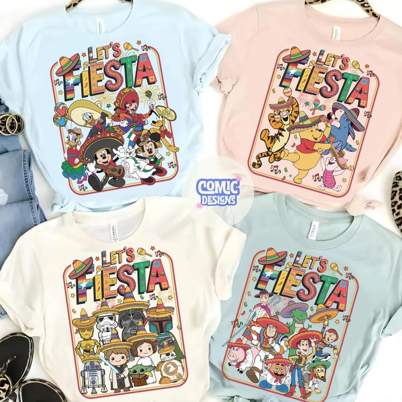 May include: Four t-shirts in light blue, pink, white, and light green, each featuring a colorful graphic with the text "Let's Fiesta." The graphics depict various cartoon characters wearing sombreros and celebrating.
