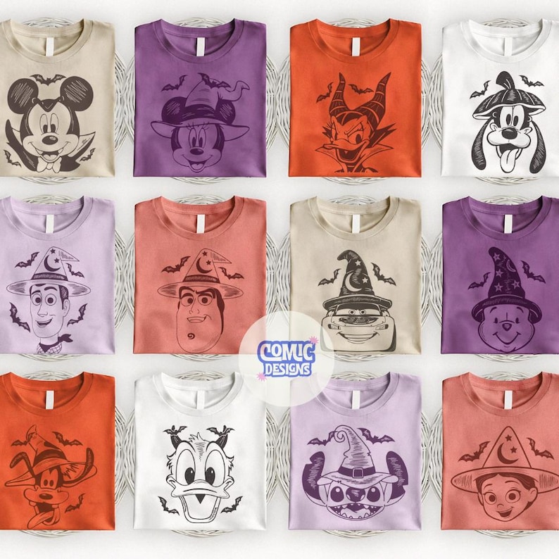 May include: Collection of Halloween-themed t-shirts featuring cartoon characters in witch hats. Designs include Mickey Mouse, Minnie Mouse, Donald Duck, and others. Shirts are in various colors, including orange, purple, and beige.
