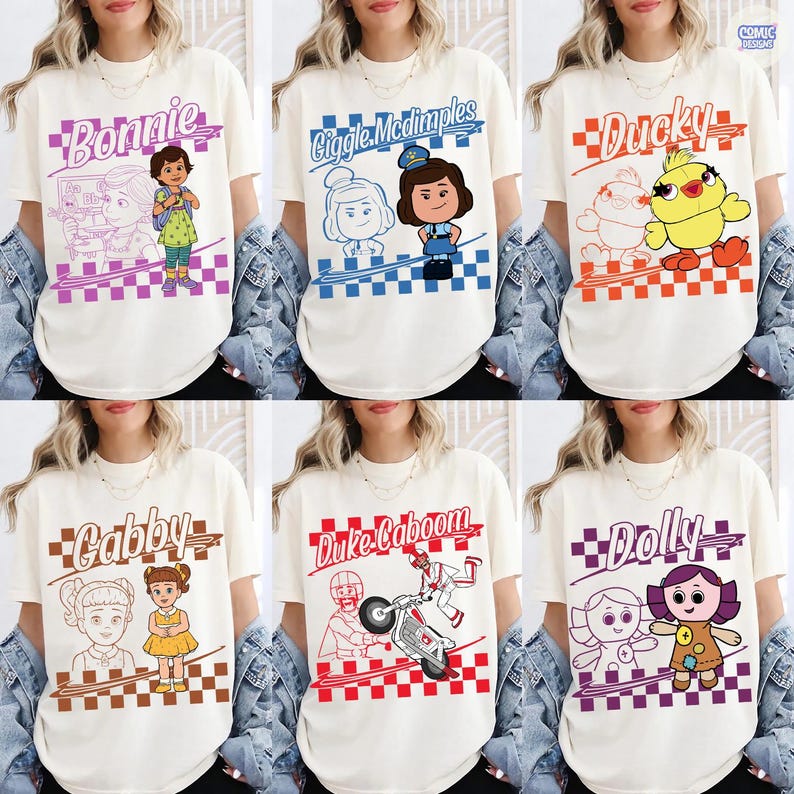 May include: A collection of six off-white t-shirts featuring Toy Story character graphics. Each shirt displays a name in cursive, a checkered border, and a cartoon illustration of Bonnie, Giggle McDimples, Ducky, Gabby, Duke Caboom, or Dolly.
