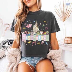 Pu&ograve; includere: T-shirt grigio scuro con grafica colorata di Disneyland. Il design include un castello, vari personaggi dei cartoni animati e la scritta "Disneyland" in colori pastello. Sono presenti anche elementi decorativi aggiuntivi come fiocchi, scarpe e corone.