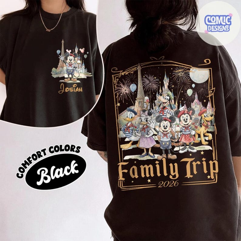 May include: A black t-shirt featuring a front graphic of Mickey Mouse in front of a castle with the name Josiah. The back displays a large illustration of Disney characters in nautical outfits with the text Family Trip 2026 and fireworks.