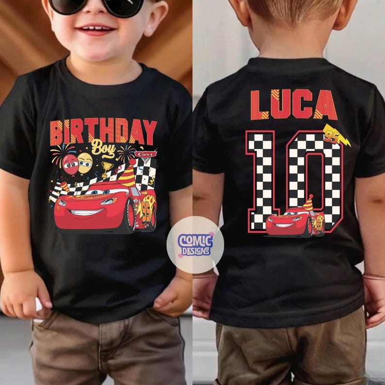 May include: Black t-shirt featuring Lightning McQueen from the Cars movie. The front of the shirt says "Birthday Boy" with a graphic of the race car. The back of the shirt has the name "Luca" and the number "10" in a checkered pattern.