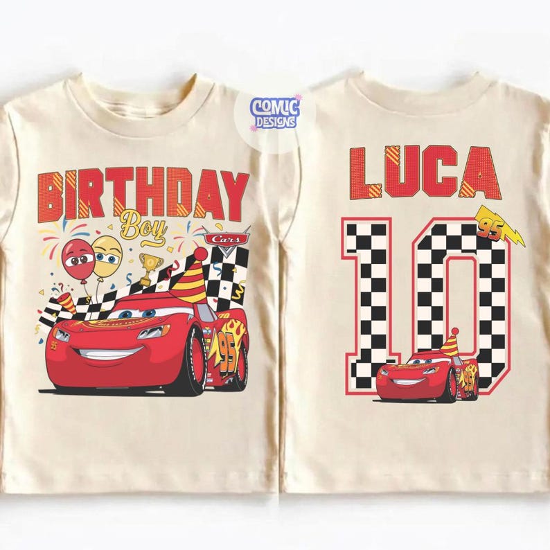 May include: Cream-colored t-shirt featuring a red race car graphic from the movie Cars. The front of the shirt says "BIRTHDAY Boy" with balloons and confetti. The back of the shirt says "LUCA 10" with a checkered pattern.