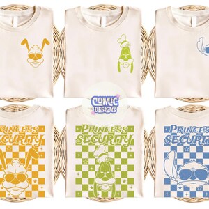 May include: Six cream-colored t-shirts with cartoon character designs. The designs include a bunny, Goofy, and Stitch, with the text "PRINCESS SECURITY" on some. The shirts are displayed on woven mats.