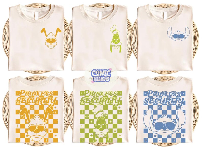 May include: Six cream-colored t-shirts with cartoon character designs. The designs include a bunny, Goofy, and Stitch, with the text "PRINCESS SECURITY" on some. The shirts are displayed on woven mats.